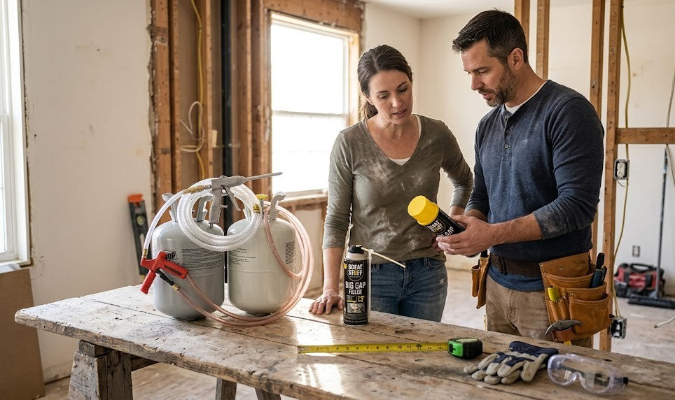 A realistic home renovation scene inside a partially finished house, a homeowner and contractor standing together comparing two foam products on a workbench,