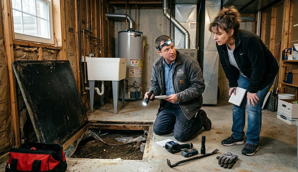 residential home inspection scene, a contractor kneeling near an open crawl space access door while a homeowner listens beside them, natural daylight, subtle tools on the floor, real American home interior