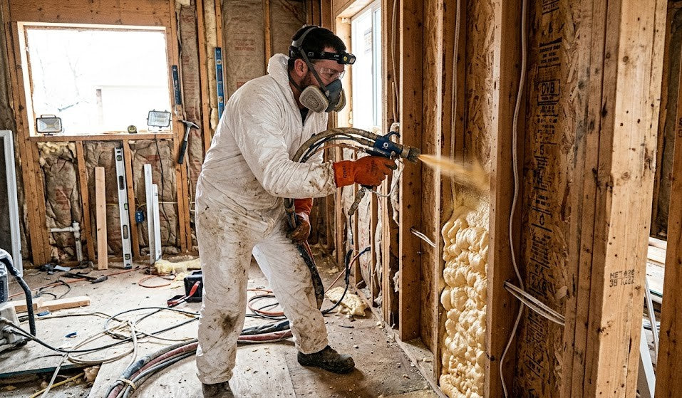 A realistic home renovation scene showing a contractor applying spray foam insulation inside a wooden wall cavity, wearing full protective gear including respirator and gloves, foam expanding visibly from the spray gu