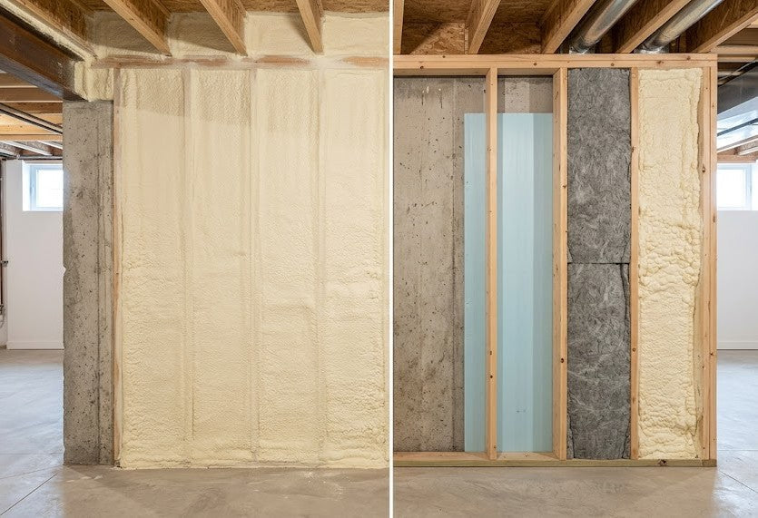 Split-view comparison of basement wall insulation showing closed-cell spray foam on the left versus rigid foam, mineral wool, and open-cell spray foam on the right.