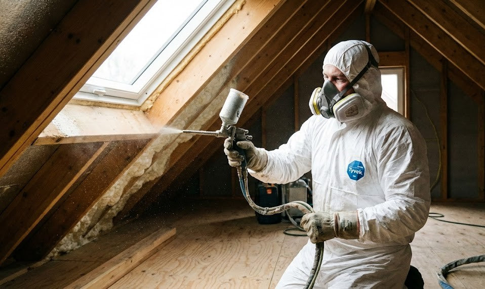 professional spray foam insulation installer working inside a residential attic. The installer is wearing full protective gear including a white Tyvek suit, gloves, and a respirator mask.