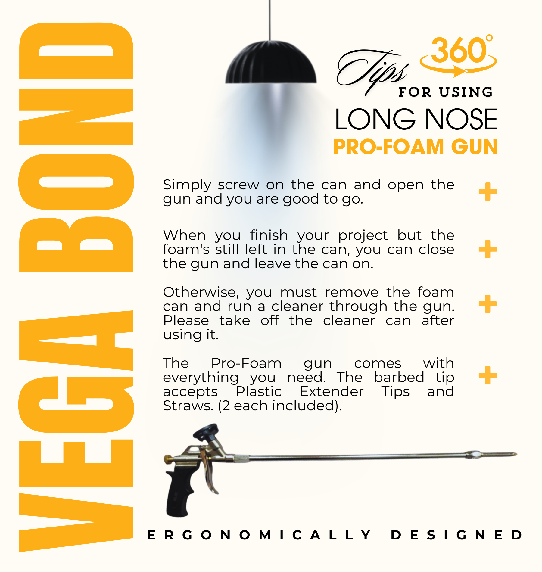 Vega Bond Long Nose Pro-foam Gun for Spray Foam with swivel tip. Works with All Brands. 24 Inches