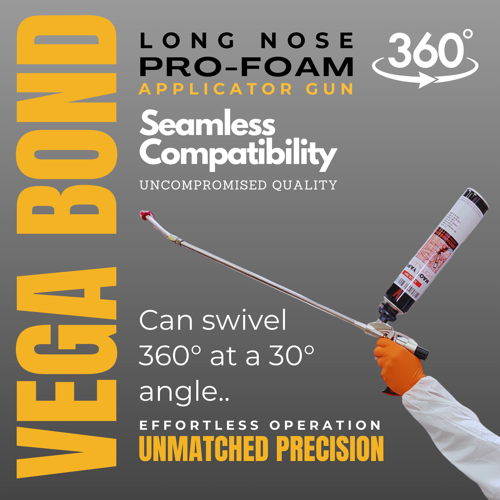 Vega Bond Long Nose Pro-foam Gun for Spray Foam with swivel tip. Works with All Brands. 24 Inches