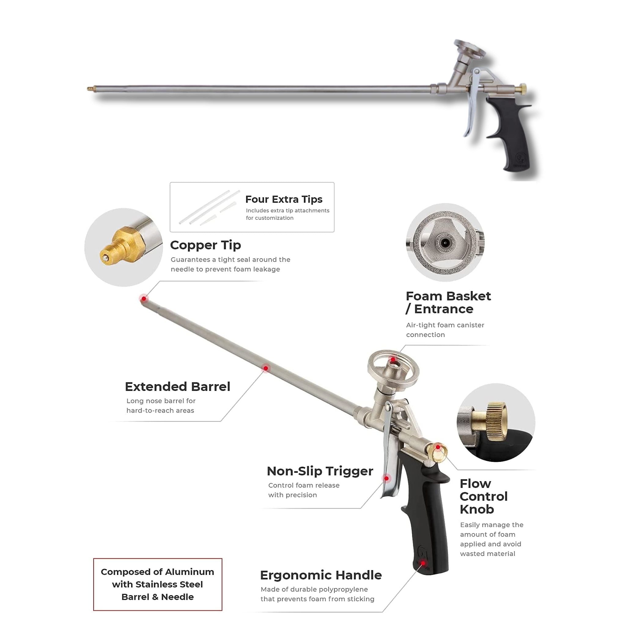 Long Nose Spray Foam Gun, Extended Barrel 20 Inch