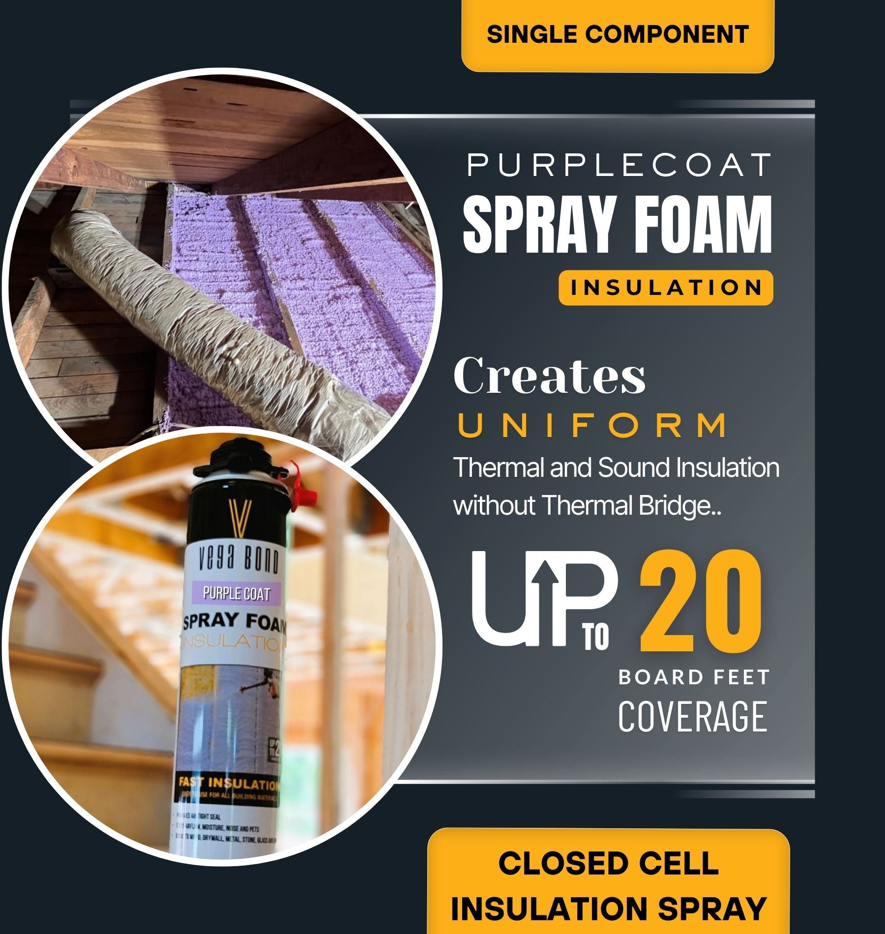 Vega Bond Purplecoat Single Component Closed Cell Spray Foam Insulation Kit (Covers 20 Board Feet Per Can at 1 inch thickness)