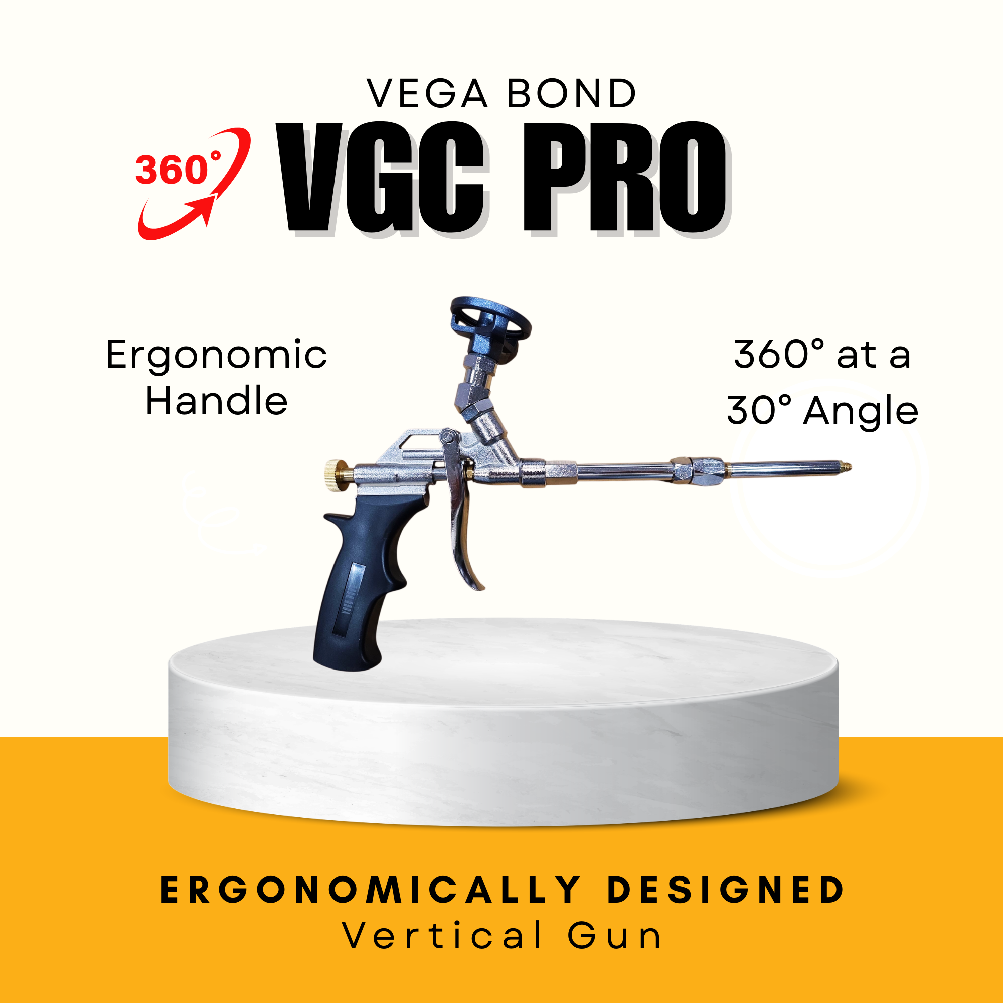 VEGA BOND VGC Pro Overhead Spray Foam Gun – 360° Rotating 30° Angled Tip