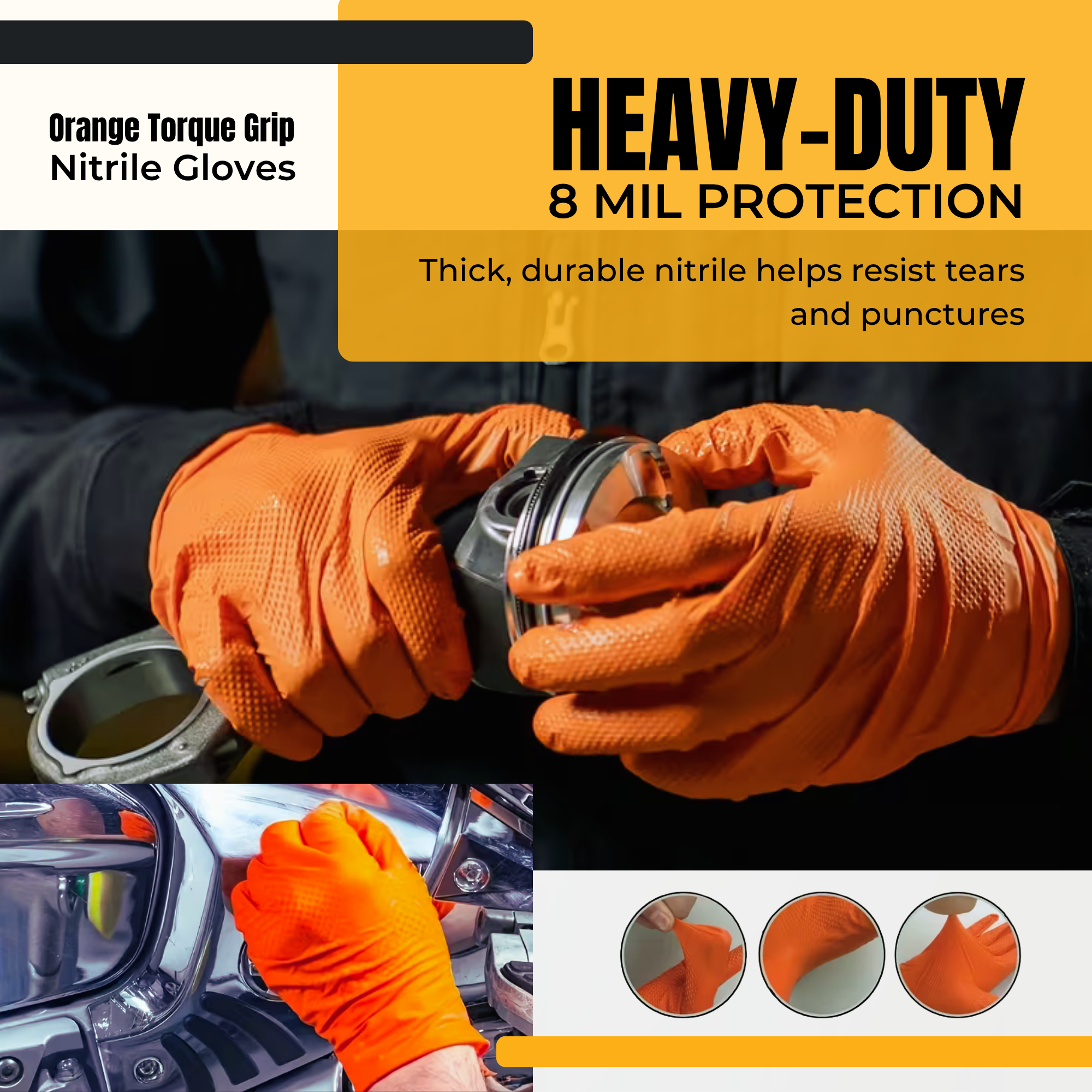 Orange Nitrile Gloves 8 Mil – Heavy Duty Industrial Disposable Gloves with Torque Grip Texture, Powder-Free, Latex-Free (100 Count)