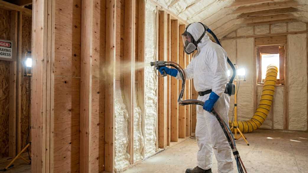 Technician applying spray foam insulation in attic wearing protective gear Diagram showing chemical reaction of polyol resin and isocyanate forming spray foam