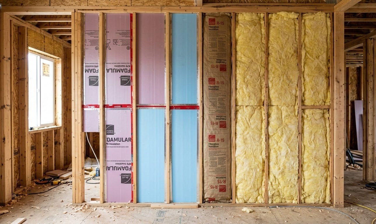 Rigid foam insulation boards and fiberglass batt insulation installed side-by-side inside a residential wall frame showing material differences.