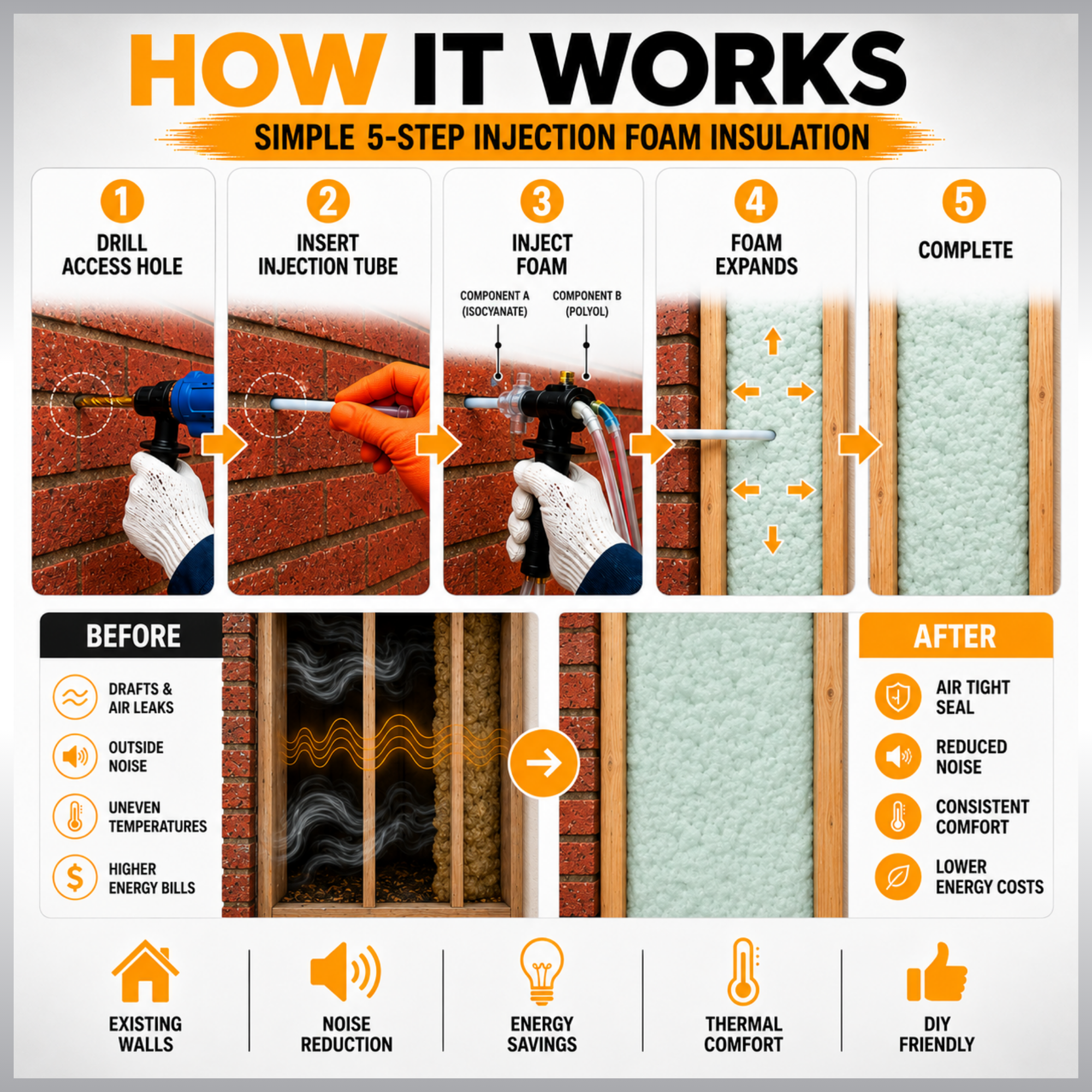 Vega Bond Open-Cell Injection Foam Insulation Kit – Slow-Rise Retrofit Wall Cavity Foam for Existing Walls