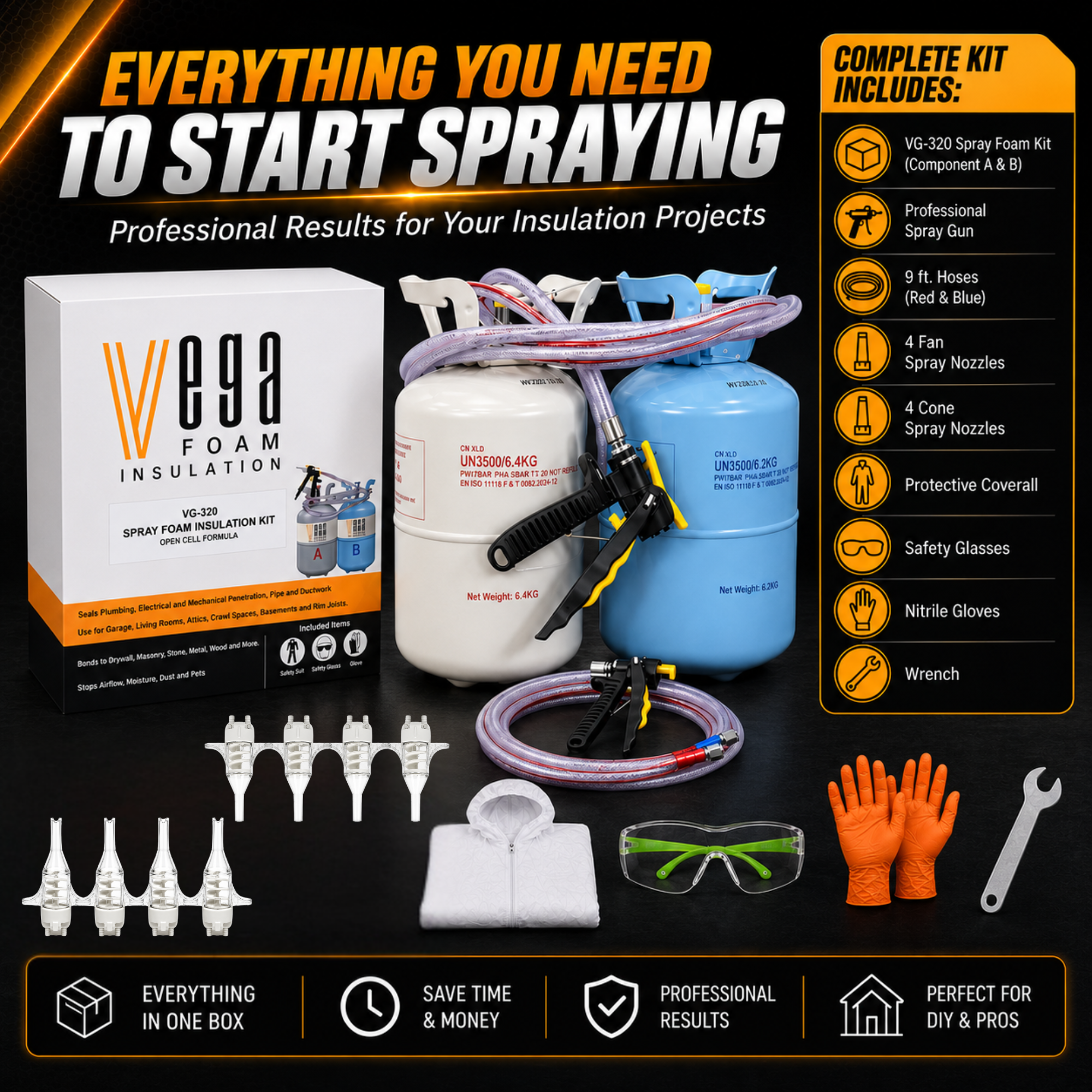 Vega Bond Open Cell Spray Foam Insulation Kit. 2-Part Spray Foam Sealant Kit for Thermal and Sound Insulation Barrier. Coverage 320 to 1100 Sqft