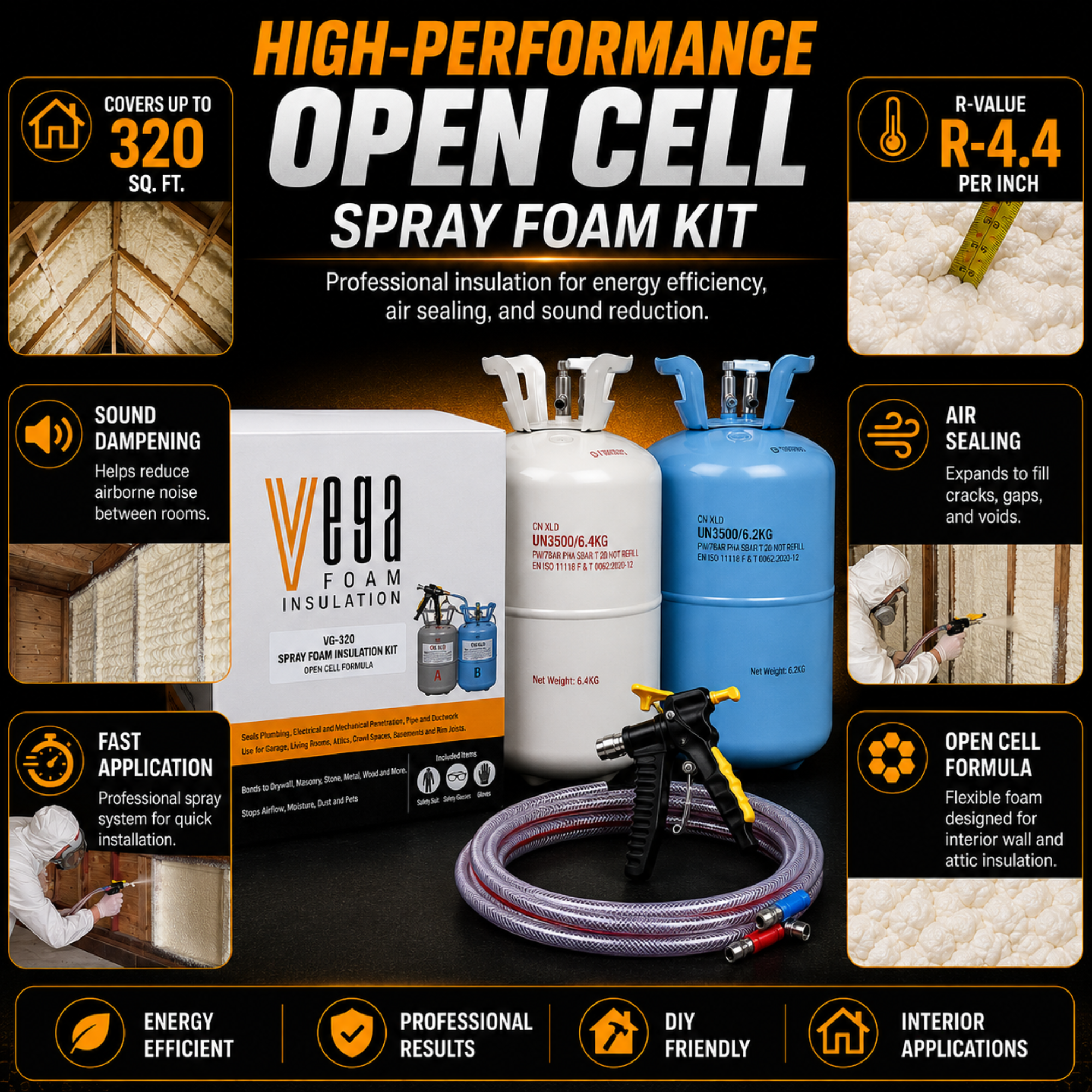 Vega Bond Open Cell Spray Foam Insulation Kit. 2-Part Spray Foam Sealant Kit for Thermal and Sound Insulation Barrier. Coverage 320 to 1100 Sqft