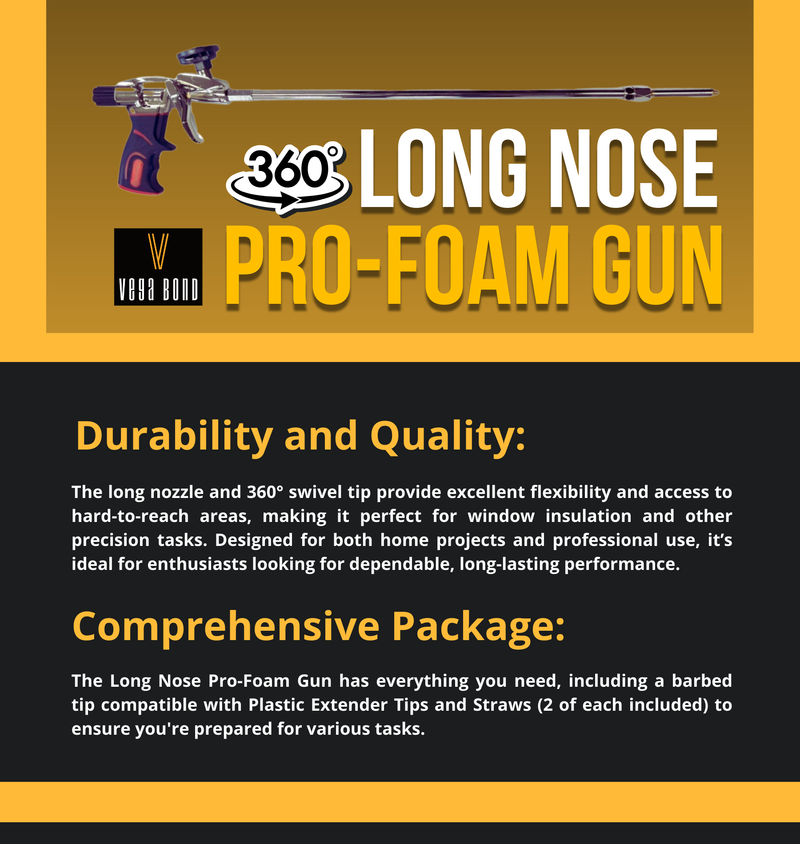 Vega Bond Ergonomically Designed Long Nose Pro-foam Gun for Spray Foam with PTFE Non-Stick Coated Basket can Rotate up to 360° at a 30° Angle. Works with All Brands. 24 Inches