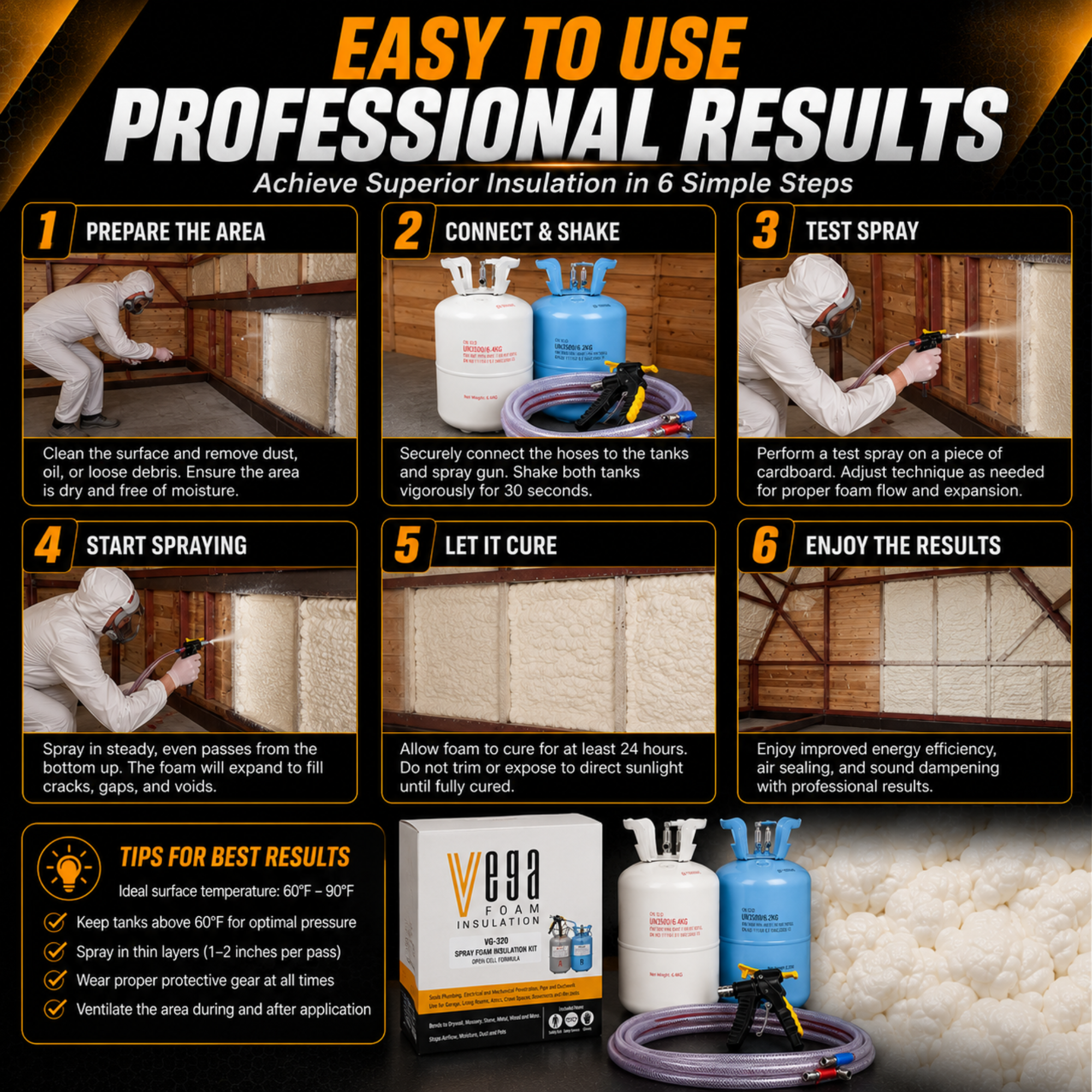 Vega Bond Open Cell Spray Foam Insulation Kit. 2-Part Spray Foam Sealant Kit for Thermal and Sound Insulation Barrier. Coverage 320 to 1100 Sqft