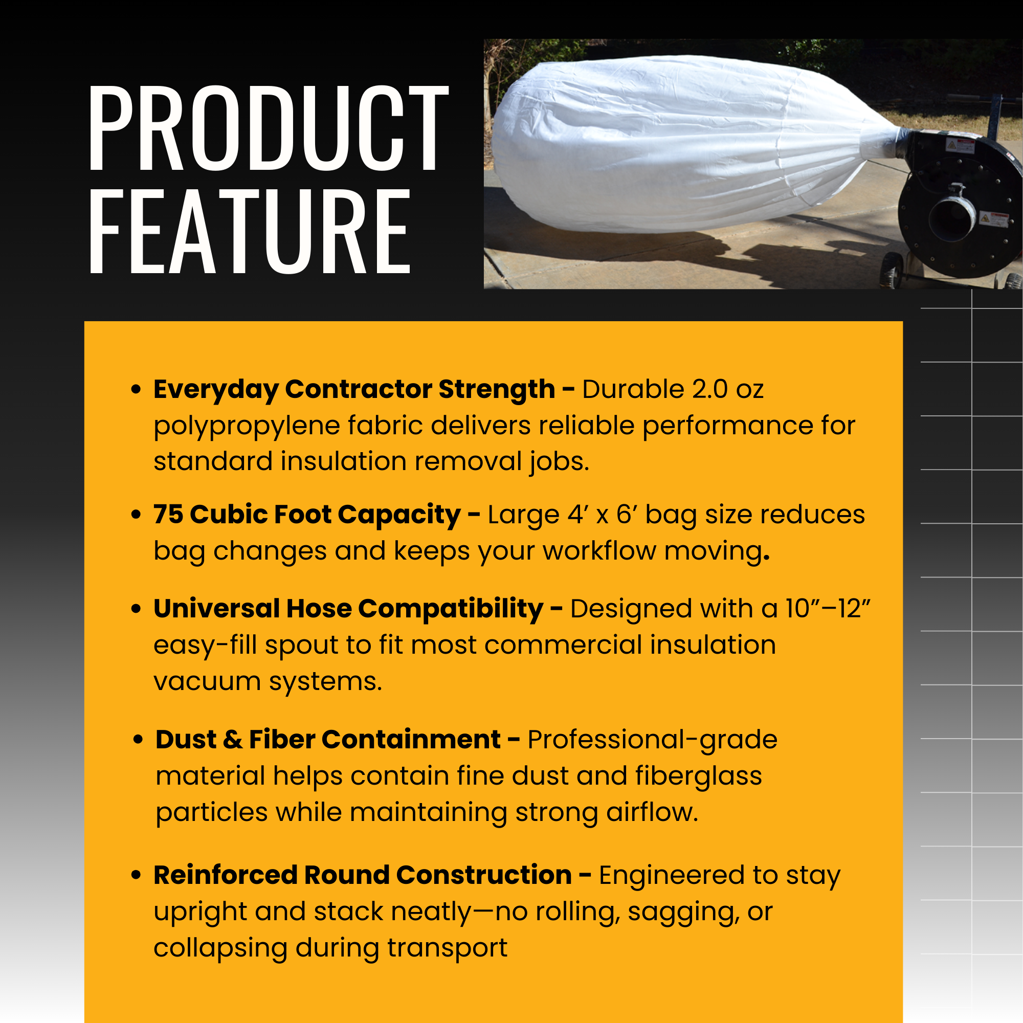 Vega Bond Professional Insulation Removal Vacuum Bags – 75 Cu. Ft. Capacity (4’ x 6’) – Fits All 10” Diameter Hoses – Professional Grade Attic Debris Bags – Available in Maximum, Super, and Heavy Duty