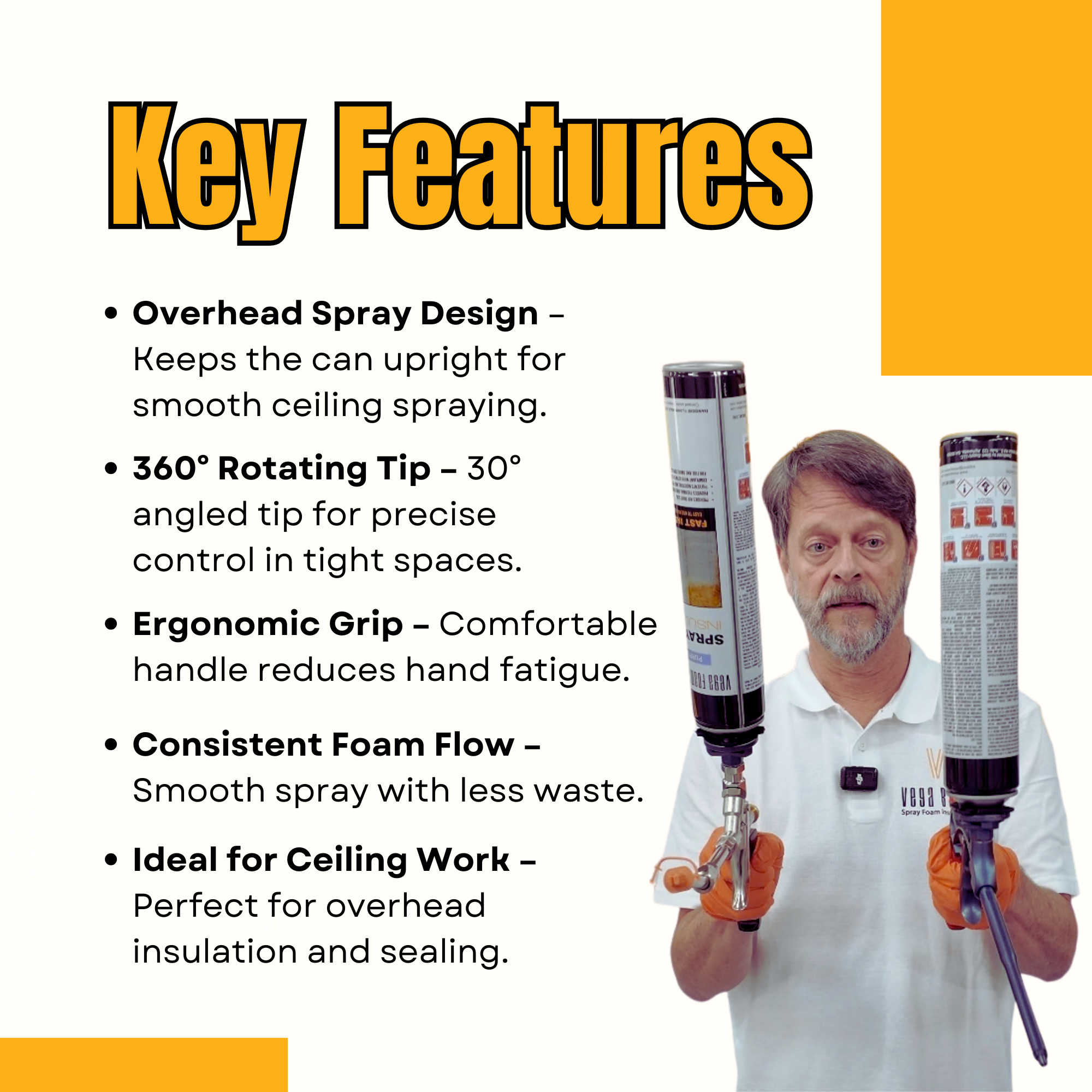 VEGA BOND VGC Pro Overhead Spray Foam Gun – 360° Rotating 30° Angled Tip