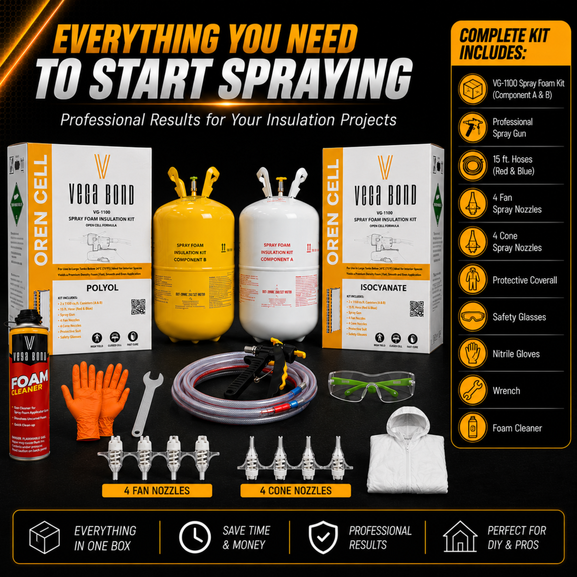 Vega Bond Open Cell Spray Foam Insulation Kit. 2-Part Spray Foam Sealant Kit for Thermal and Sound Insulation Barrier. Coverage 320 to 1100 Sqft