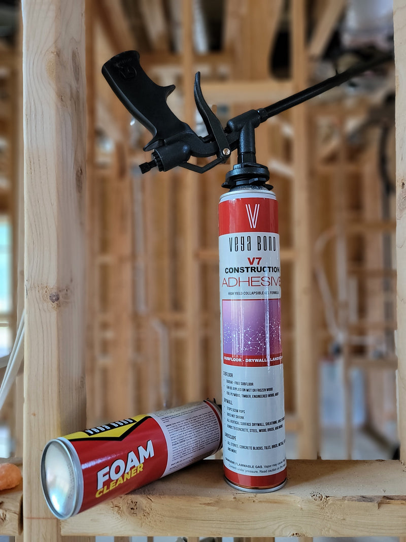 Vega bond V7 construction adhesive for subfloor drywall and landscape applications high yield foam adhesive interior and exterior